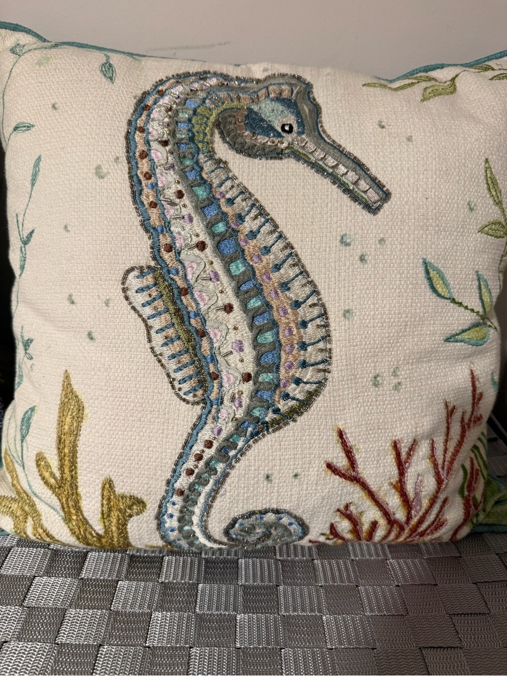 Embroidered Seahorse Accent Pillow - Blue & Green Coastal Design